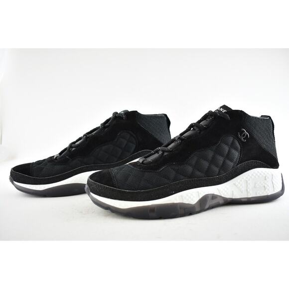 Chanel 21B Mens Black Suede White CC Logo Lace Up Mid Top Trainer Sneaker 44 11 - Picture 10 of 12